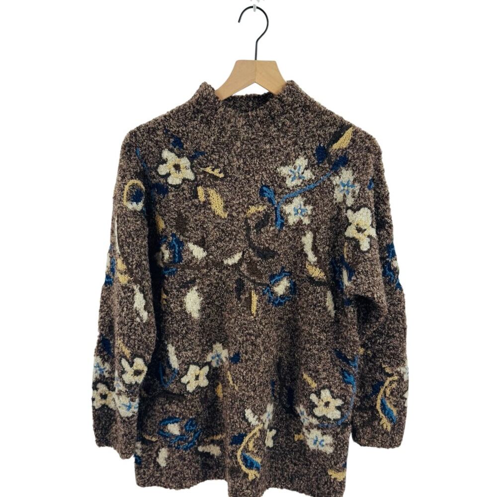 Thyme Floral Textured Boucle Knit Pullover Sweater Wool Blend Brown Size M